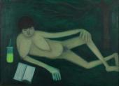 [„Kobieta leżąca na trawie”], 1960-1964<br>olej na płótnie<br>49,2 x 67 cm (w ramie)<br>(Wł. MUT)