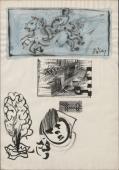 "Jeździec" i inne szkice, 1971<br>akwarela, tusz<br>41 x 28,5 cm<br>(Wł. prywatna)