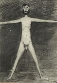 „Male figure. Charon”, 1962<br>ołówek, czarna kredka, papier<br>33,5 x 23 cm<br>(Wł. MUT)