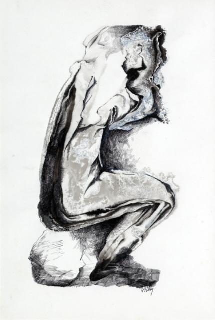 "Postać siedząca", 1965<br>tusz, pióro, atrament, karton<br>41 x 28 cm<br>(Wł. prywatna)