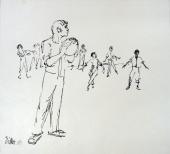 „Chłopcy grający w piłkę”, Argentyna, 1971<br>papier, tusz<br>26 x 34 cm<br>(Wł. MUT)
