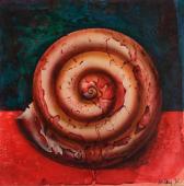 "Czerwony ślimak na zielonym tle", 1976<br>olej, karton na płycie<br>60 x 60 cm <br>(Wł. prywatna)