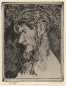 „Auto-portrait” (Autoportret w wieńcu laurowym), 1916<br>sucha igła, rylec<br>7 x 5,4 cm<br>(Wł. MUT)