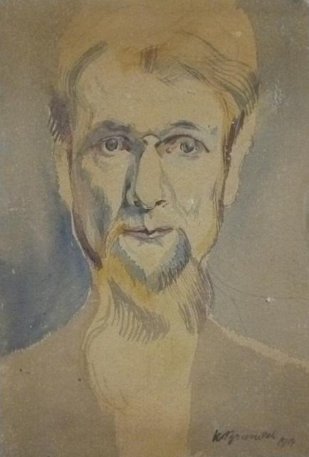 „Autoportret”, 1914<br>akwarela<br>17,5 x 12 cm<br>(Wł. MUT)