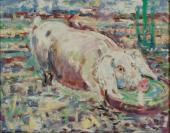 „Świnia”, ca 1990<br>olej na sklejce<br>41 x 50,5 cm<br>(Wł. prywatna)