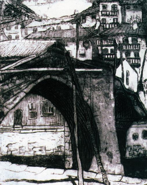 „Stary most w Ondarroa”, Kraj Basków Hiszpania, ok. 1913-1914<br>akwaforta na kartonie<br>27 x 21,5 cm