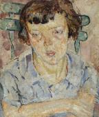 „Dziewczynka na krześle”, ok. 1919<br>olej na sklejce<br>45,5 x 38,8 cm