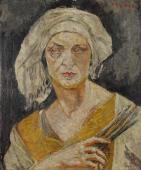 „Autoportret w turbanie II (z pędzlami)”, ok. 1919/1920<br>olej na sklejce<br>61 x 50 cm