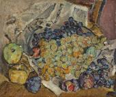 „Martwa natura z winogronami i jabłkami”, ok. 1920<br>olej na płótnie<br>33,7 x 40,3 cm