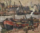 „Barki na kanale St. Martin w Paryżu”, ok. 1922<br>olej na płótnie<br>50 x 61,5 cm