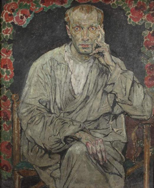 „Portret mężczyzny w białej tunice”, ok. 1924<br>olej na tekturze<br>106 x 86,3 cm