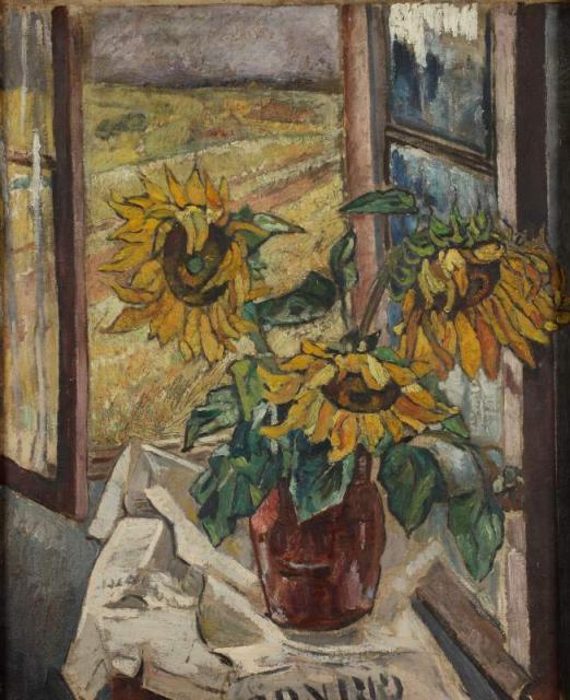 „Słoneczniku w wazonie z pejzażem w tle”, ok. 1940-1945<br>olej na płótnie<br>77,5 x 64 cm