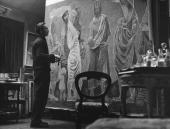 W londyńskiej pracowni podczas pracy nad obrazem „Chrystus wśród ubogich”, 1952