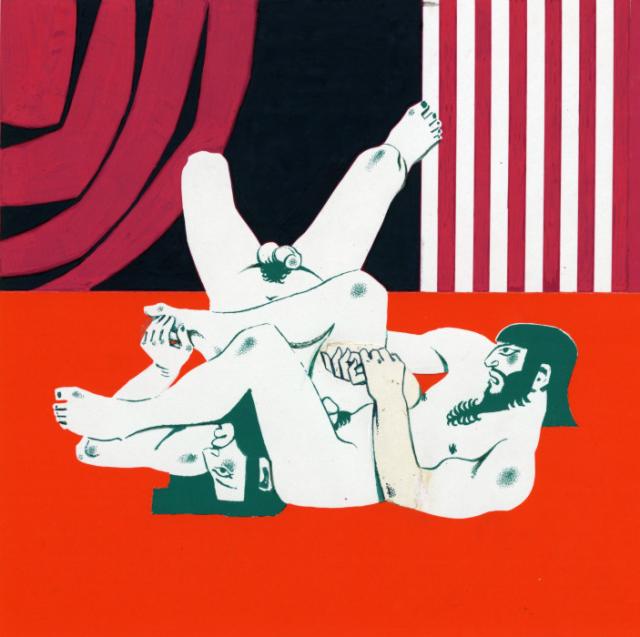 "Enkidu w zapasach z Gilgameszem"  (cykl "Gilgamesz"), ok. 1979<br>serigrafia, kolaż<br>56 x 53,2 cm<br>(Wł. MUT)