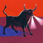 "Niebiański byk"  (cykl "Gilgamesz"), ok. 1979<br>serigrafia, kolaż<br>56 x 53,5 cm<br>(Wł. MUT)