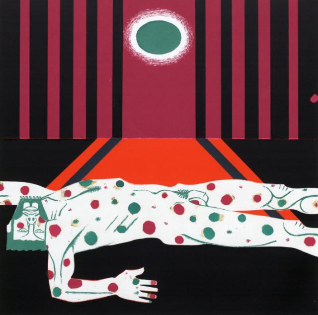 "Śmierć Enkidu"  (cykl "Gilgamesz"), ok. 1979<br>serigrafia, kolaż<br>55,8 x 53,4 cm<br>(Wł. MUT)