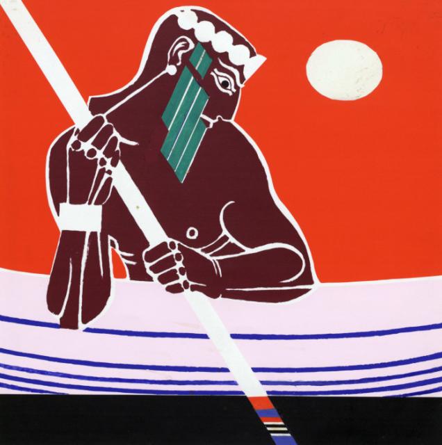 "Gilgamesz na wodach śmierci"  (cykl "Gilgamesz"), ok. 1979<br>serigrafia, kolaż<br>55,7 x 52,8 cm<br>(Wł. MUT)