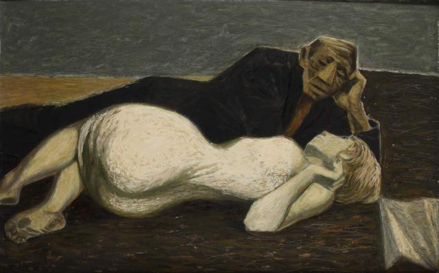 „Rozmowa” („Zakochani” / „Lovers - horisontal”), 1956<br>olej, lakier na tekturze<br>81 × 135,2 cm