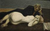 „Rozmowa” („Zakochani” / „Lovers - horisontal”), 1956<br>olej, lakier na tekturze<br>81 × 135,2 cm