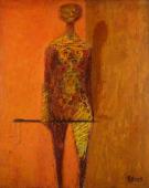 „Żółta postać z kijem” („Żółty mężczyzna z kijem” / „Yellow man with stick”), lata 60. XX w.<br>olej na płycie pilśniowej<br>128
