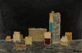 „Puszki i słoiki” / „Tins and Jars – still life”, 1961<br>olej i lakier na płycie pilśniowej<br>61 × 92 cm