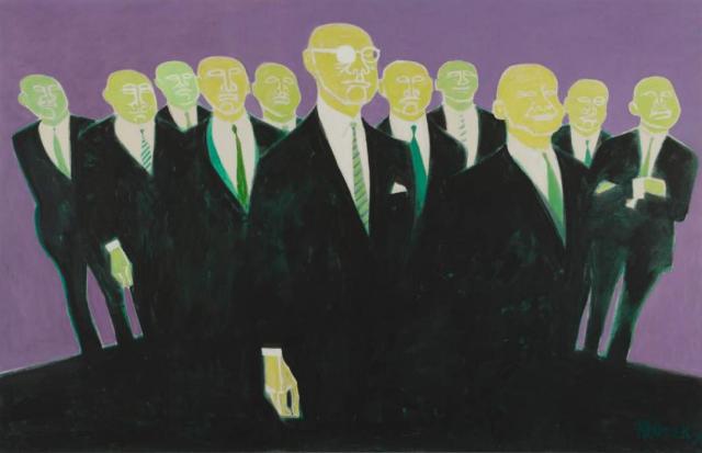 „Komisja” („Radcy”, „Prezydium” / „The Board”, 1971<br>akryl na płótnie<br>155,5 × 243 cm