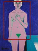 „Postać w łazience II” / „Figure in Bathroom II”, 1978<br>akryl, kolaż na płycie pilśniowej<br>122 × 91 cm
