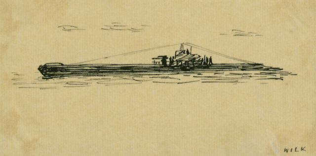 „ORP Wilk” - ilustracja do książki „Polish Navy”, przed 1943<br>tusz czarny na papierze<br>(Wł. MUT)