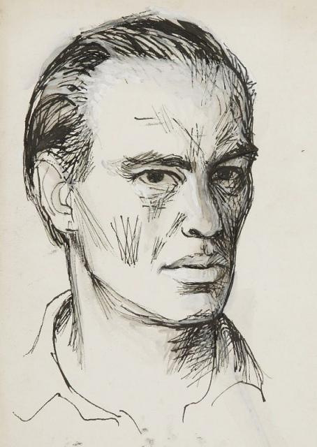 „Autoportret”, rys. wykorzystany w „Studium do Autoportretu”, 1956<br>tusz i gwasz na papierze<br>(Wł. MUT)