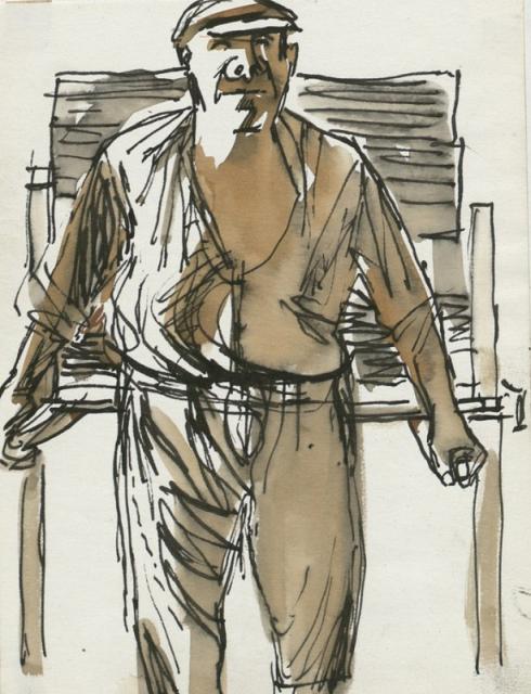 Studium do obrazu „Hiszpański wieśniak”, rys. wykorzystany w „Studium do Autoportretu”, 1958<br>tusz i lawowanie na papierze<br>