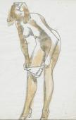 „Kobieta ściągająca majtki”, b.r.<br>tusz czarny i lawowanie sepiowe na papierze<br>(Wł. MUT)