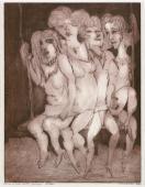 „Four girls on a swing”, 1992<br>sucha igła, akwatinta<br>39 x 30 cm<br>(Wł. MUT)