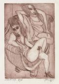 „Two on a sofa” (Girls on sofa), 1998<br>sucha igła, akwaforta (stan II)<br>29 x 19 cm<br>(Wł. MUT)