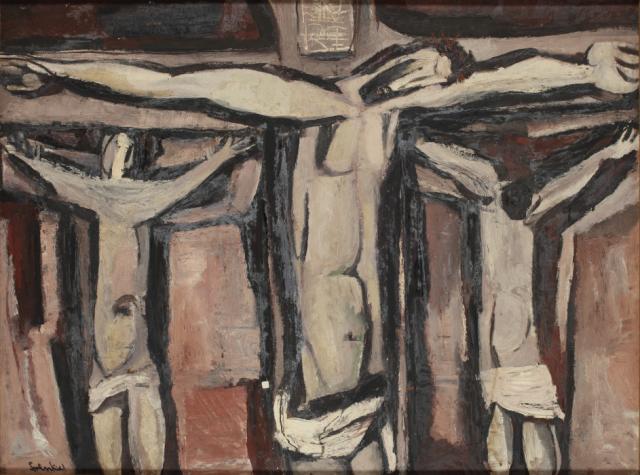 „Crucifixion”, ok. 1950<br>olej na płycie pilśniowej<br>91,5 x 122,5 cm<br>(Wł. MUT)