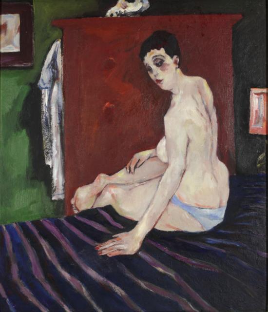„Nude on the blue bedspread”, 1955-1985<br>olej na tekturze<br>70,5 x 61 cm<br>(Wł. MUT)