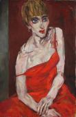 „Woman in red dress”, 1983<br>olej na płótnie<br>76 x 51 cm<br>(Wł. MUT)