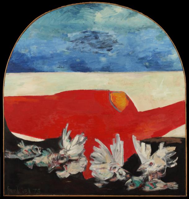 „Birds white red”, 1962<br>olej na płycie pilśniowej<br>123 x 116 cm<br>(Wł. MUT)